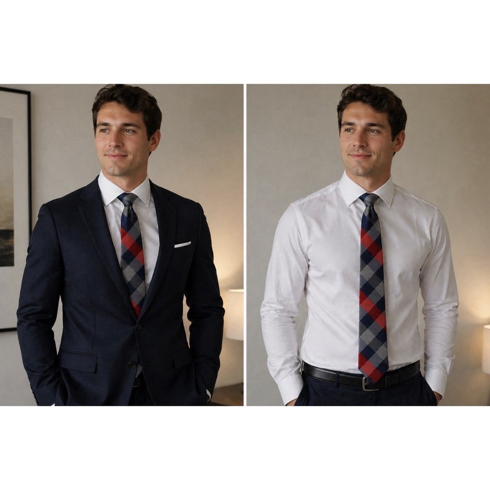 Tommy Hilfiger Necktieโ Men Blue and Red Check Classic Silk